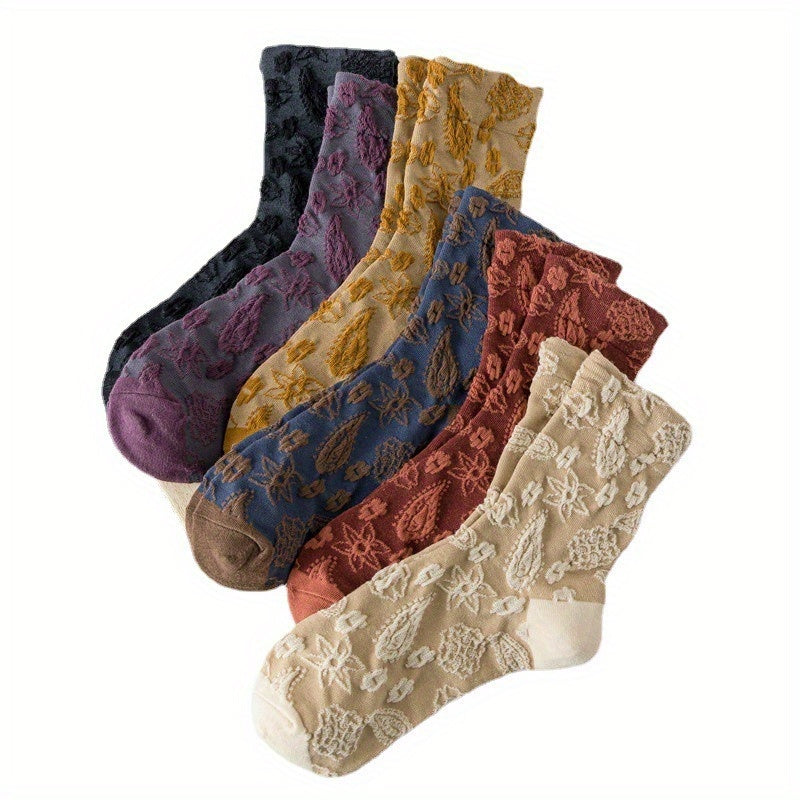 6 Pairs 3D Floral Textured Socks Retro Court Style Mid Tube Socks
