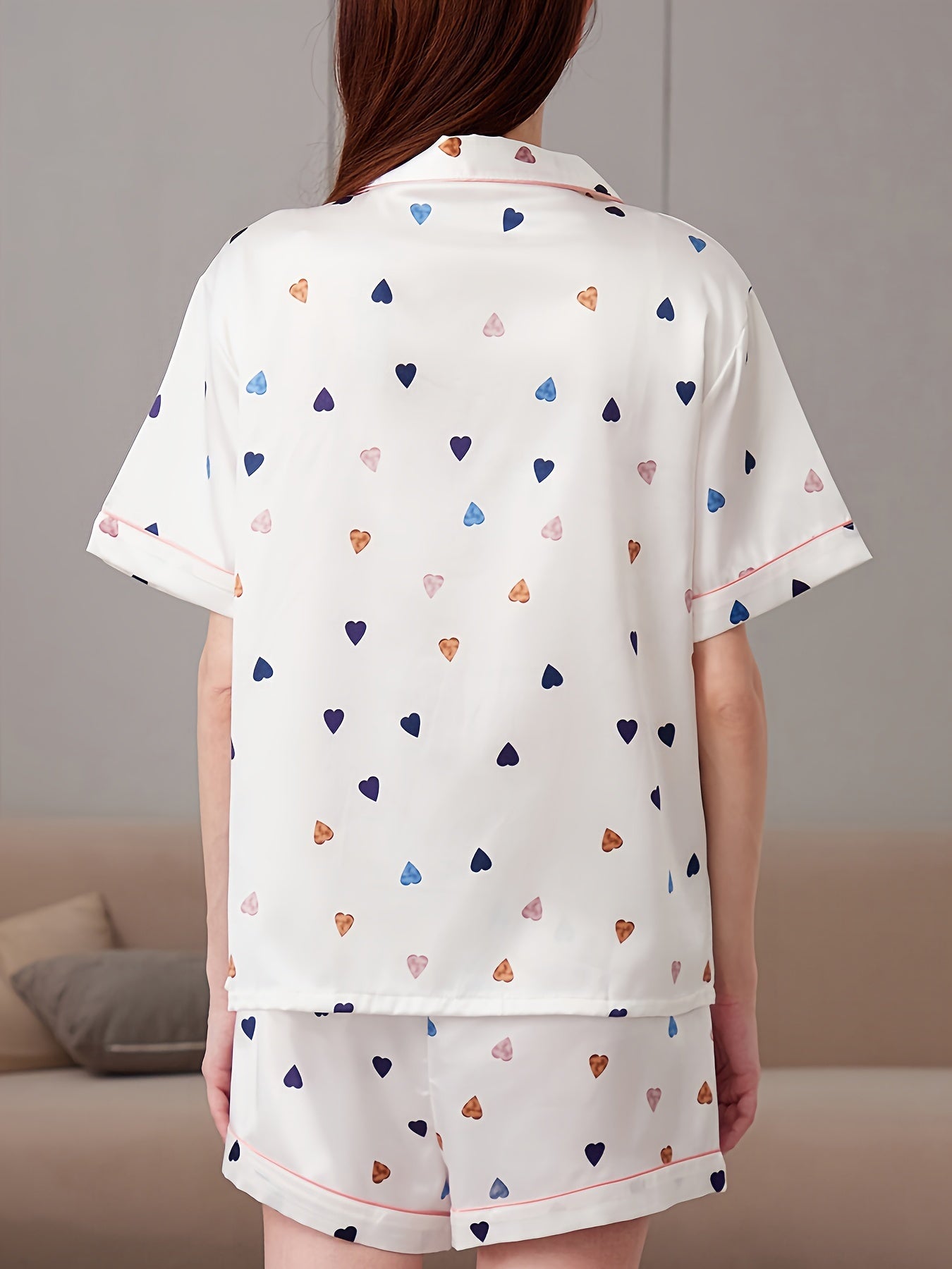 Heart Print Pajama Set Short Sleeve Top & Shorts Sleepwear