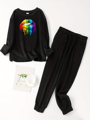 Lip Print Fleece Lounge Set Tee & Jogger Pajama Two Piece Set