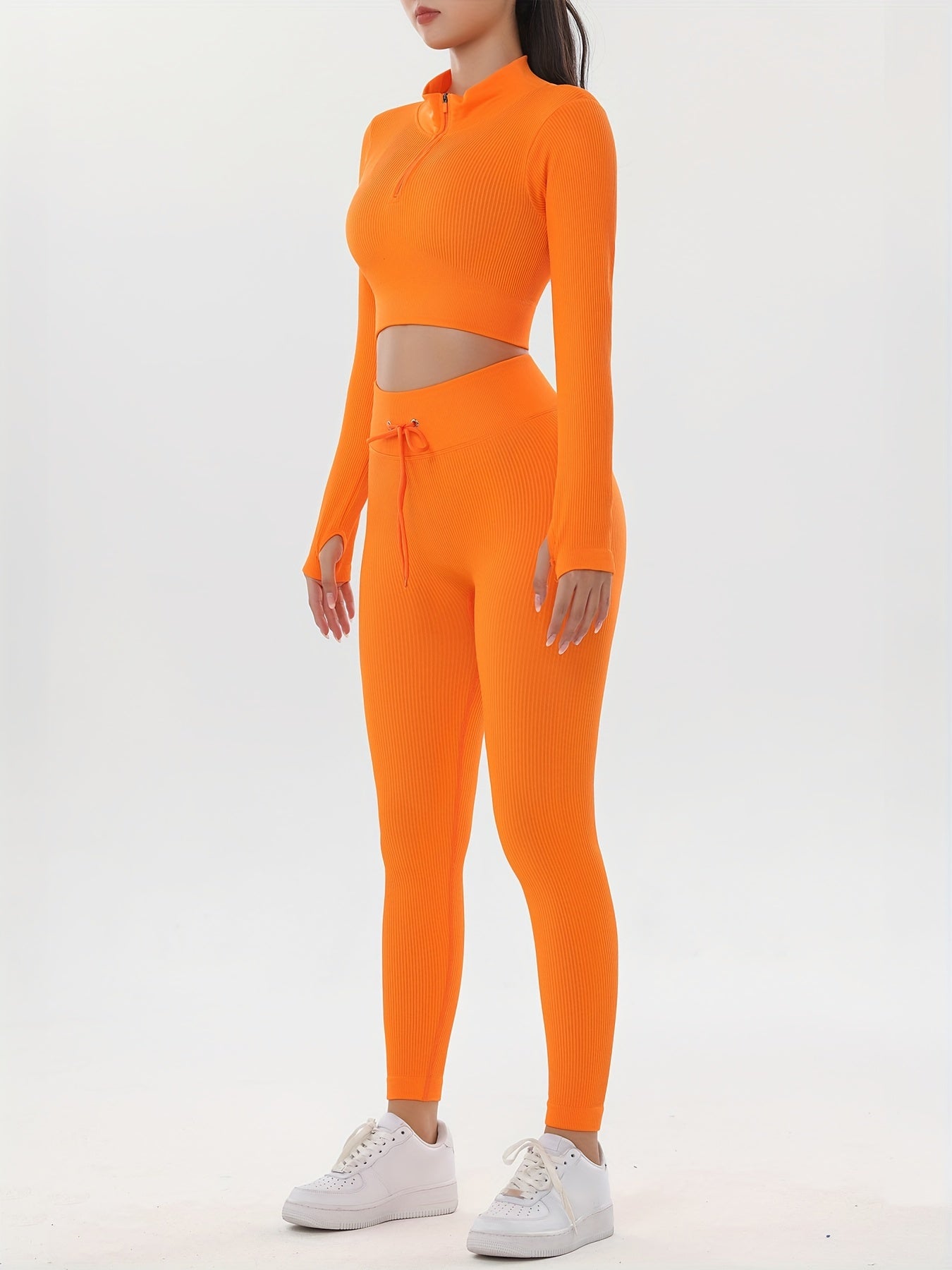 Ribbed Yoga Sports Set Long Sleeve Crop Top & Leggings