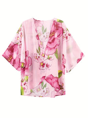 Floral Print Cover Up Shirt V Neck Loose Fit Blouse Women's Swimwear