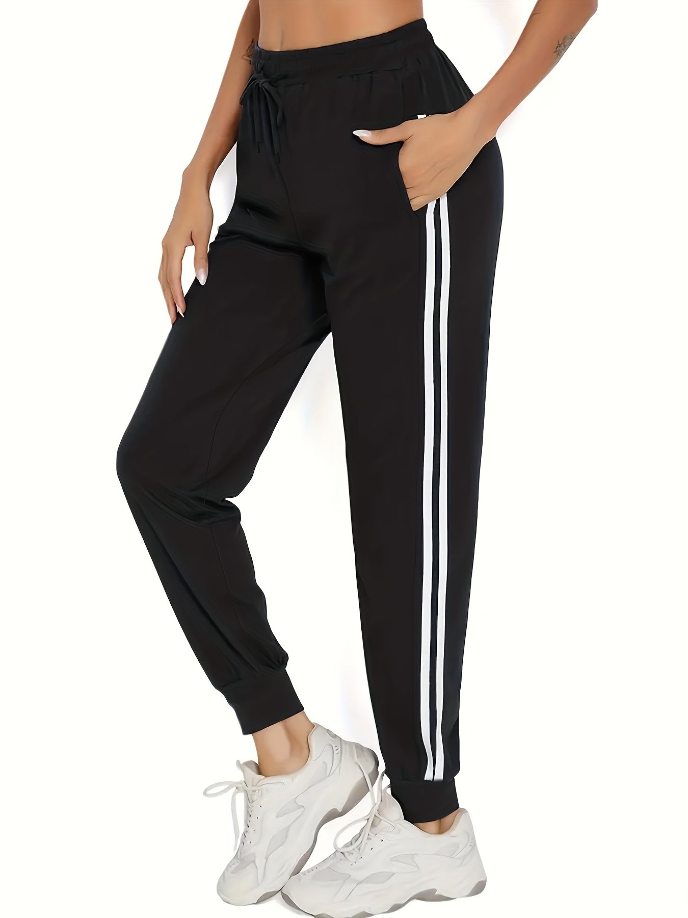Women's Plus Striped Side Tie Waist Fitness Trousers