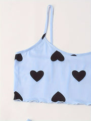 Heart Print Crop Cami Top & Shorts Pajama Set