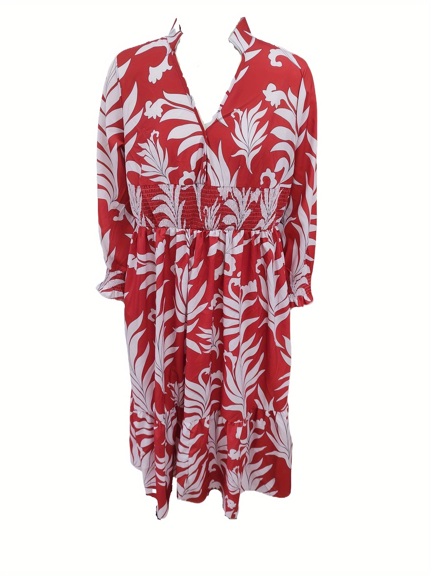 Women's Plus Floral Print Lantern Sleeve V Neck Smock Dress