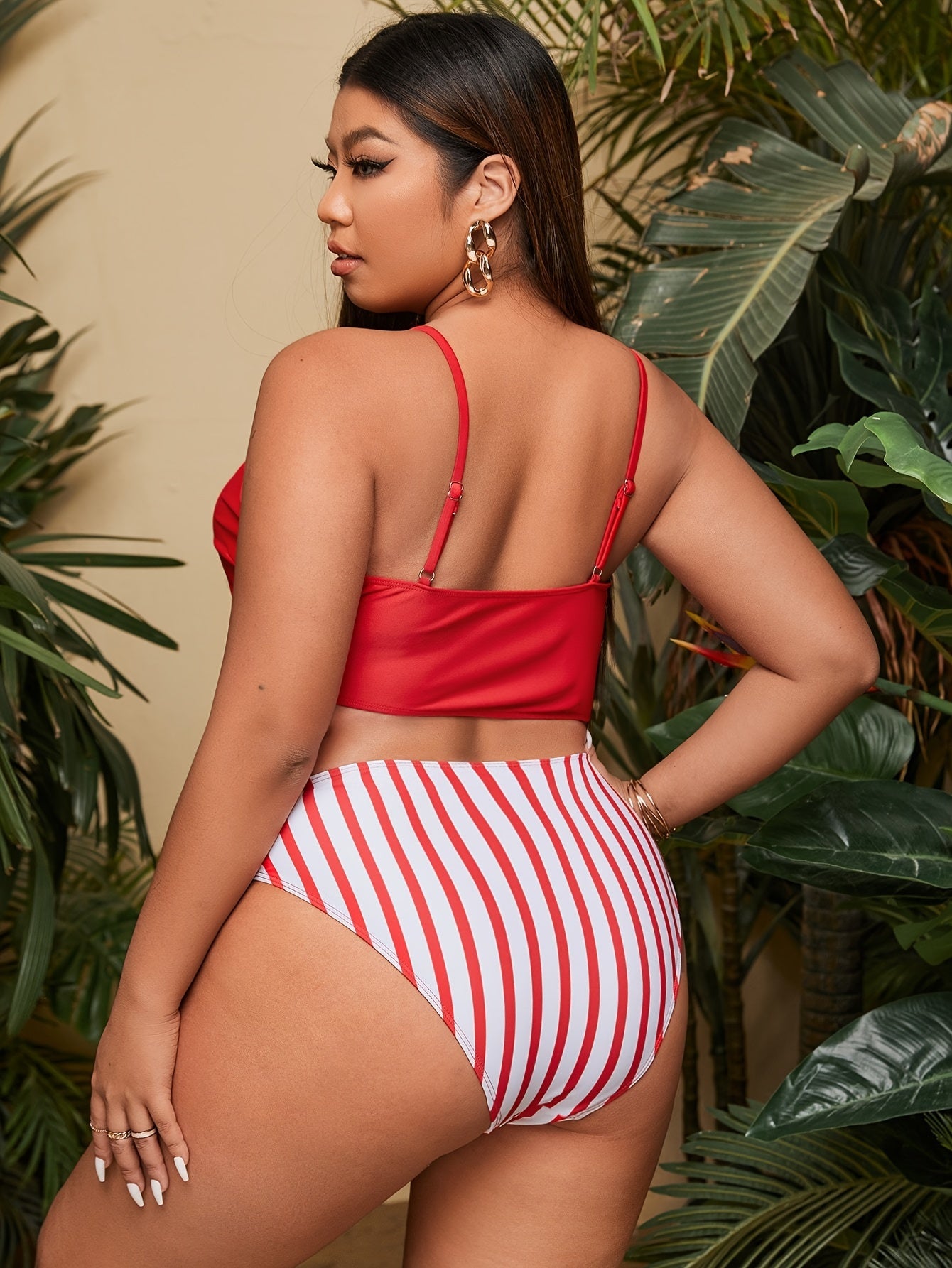 Casual Bikini Set Women's Plus Solid Bra & Stripe Print Underwear Biki