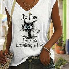 Cat & Letter Print Cap Sleeve Top Casual V Neck Summer Top Women's Clothing