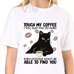 Cat & Coffee & Letter Print Casual Tee Short Sleeve T-shirt Women's Summer Top