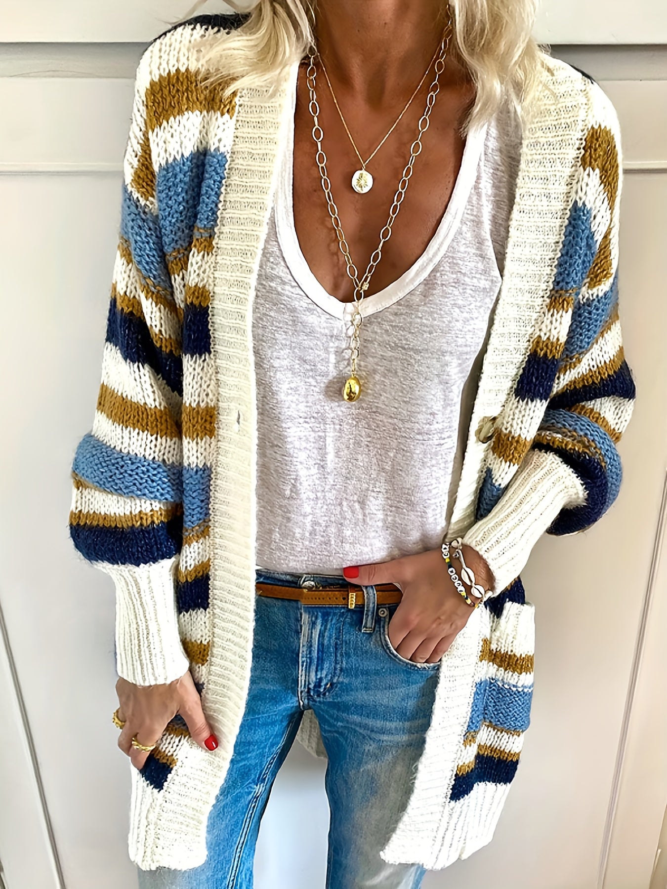 Stripe Print Button Up Long Sleeve Cardigan