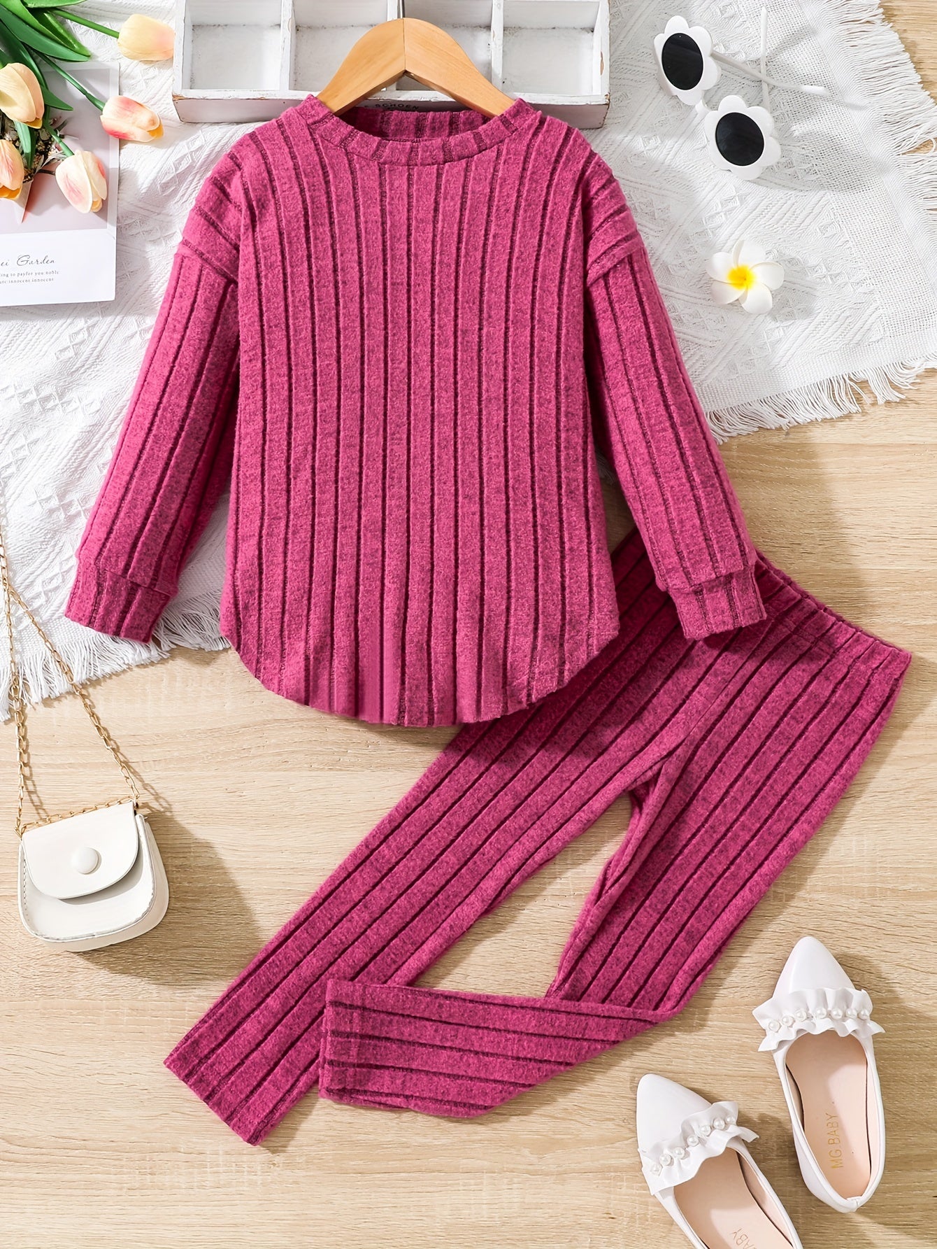 Girl's Ribbed Top & Leggings Set Soft Casual Outfits