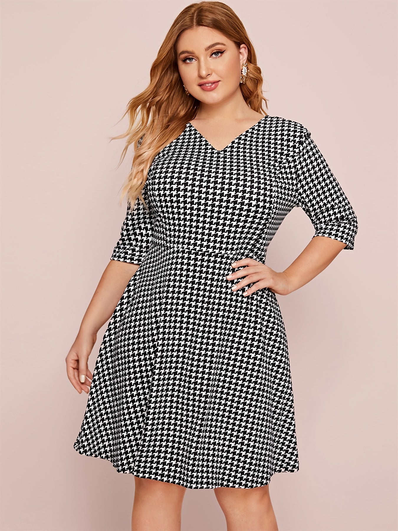 Houndstooth V Neck Midi Dress Women's Stretch Dress