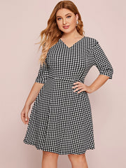 Houndstooth V Neck Midi Dress Women's Stretch Dress