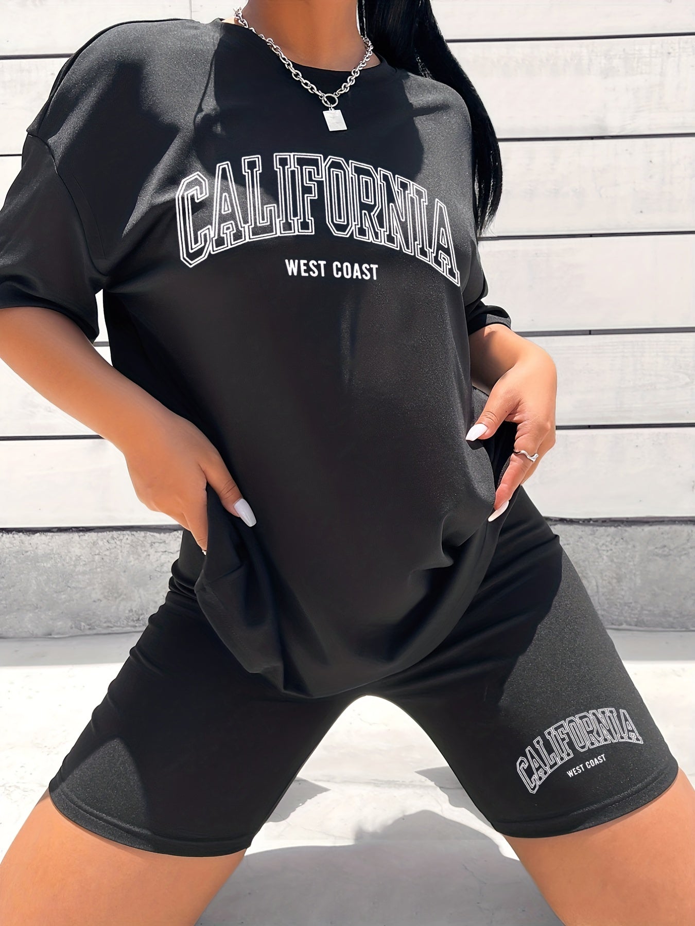 Letter Print Two-piece Set Casual T-shirt & Skinny Shorts Outfits
