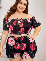 Rose Print Off Shoulder Crop Top & Shorts Pajama Set