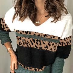 Colorblock Leopard V Neck Sweater