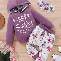 Baby Girls Floral Hooded Romper Pants Headband Set