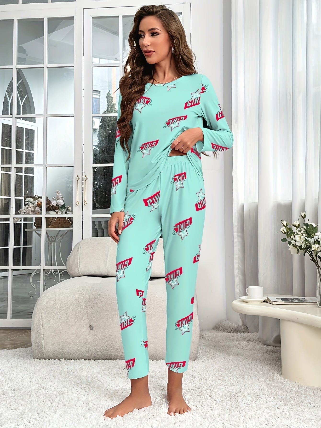 Letter Print Pajama Set Long Sleeve Top & Pants Women's Sleepwear