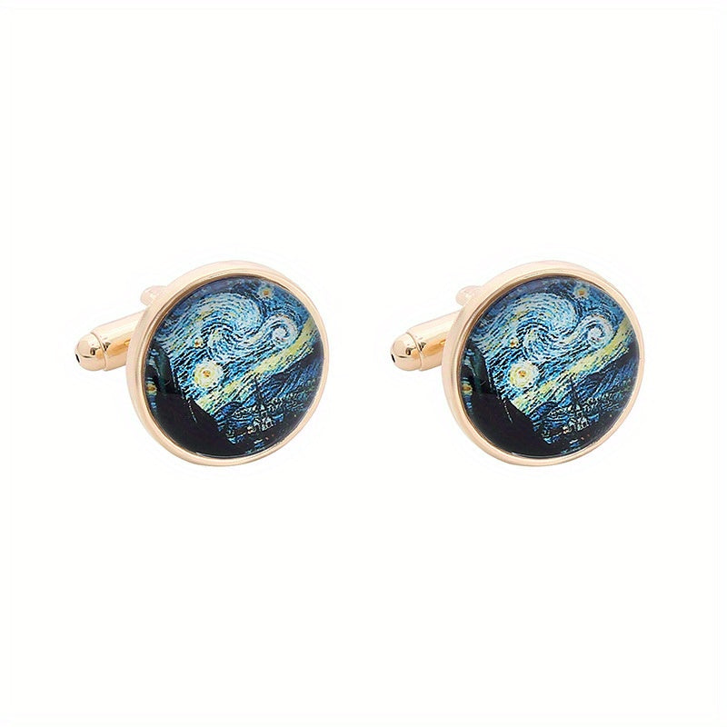2pcs Starry Night Gemstone Men's Cufflinks Retro Metal Cufflinks