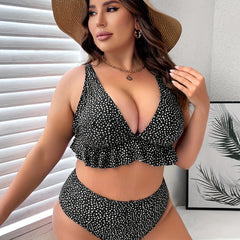 Ditsy Print V Neck Ruffle Trim Bikini Set