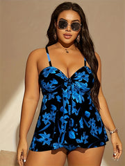 Floral Knot Front Tankini Set V Neck Cami Top & Panty Swimsuit