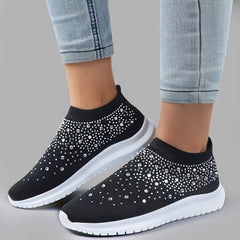 Faux Rhinestone Knitted Slip-On Sports Shoes for Women