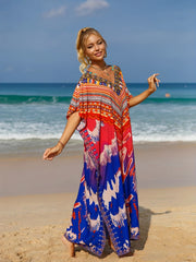 Geometric Print Bat Sleeve V Neck Cover Up Dress