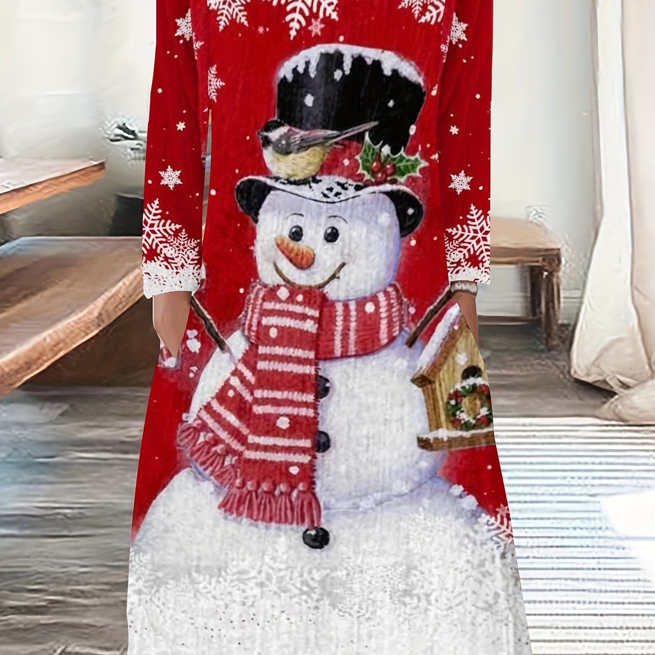 Women's Plus Snowman & Snowflake Print Christmas Dress
