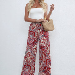 Boho Paisley Print Wide Leg Pants with Shirred Waist