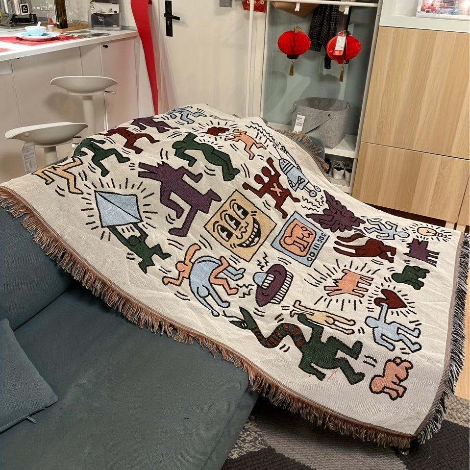 Graffiti Tassel Retro Blanket Outdoor Camping Decorative Blanket Throw Blanket