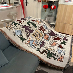 Graffiti Tassel Retro Blanket Outdoor Camping Decorative Blanket Throw Blanket