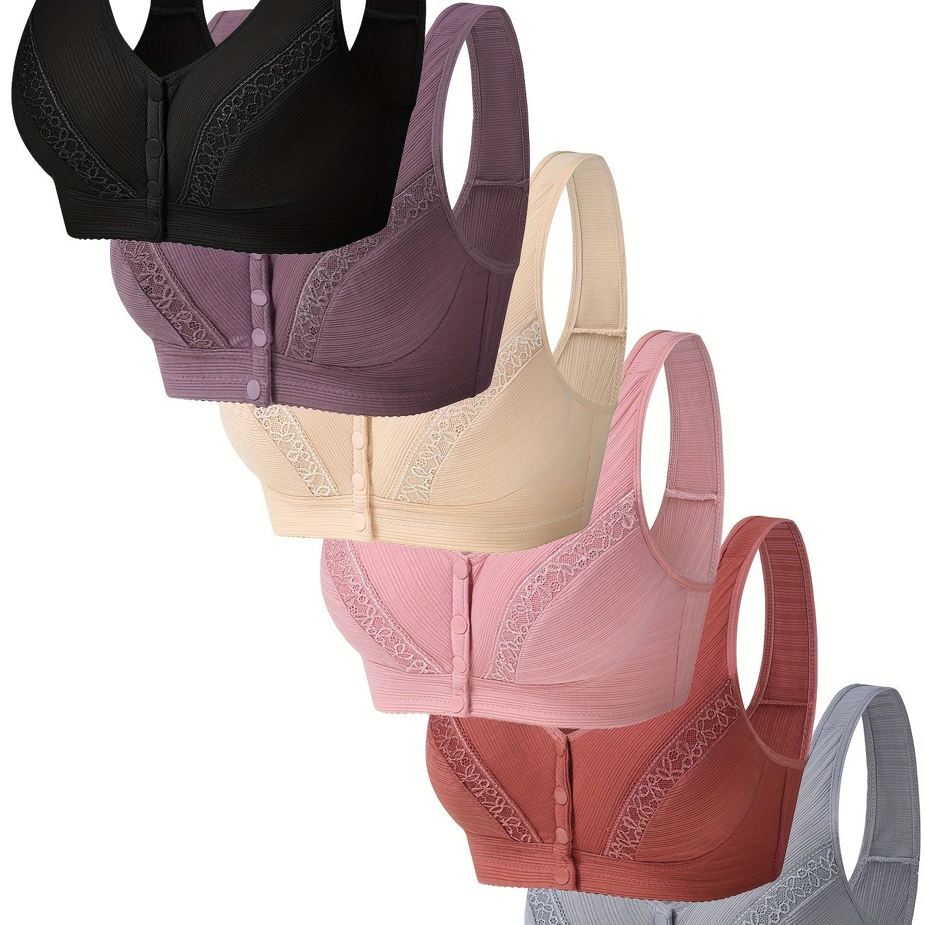 6pcs Lace Wireless Front Buckle Bras Comfortable & Breathable