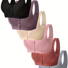 6pcs Lace Wireless Front Buckle Bras Comfortable & Breathable