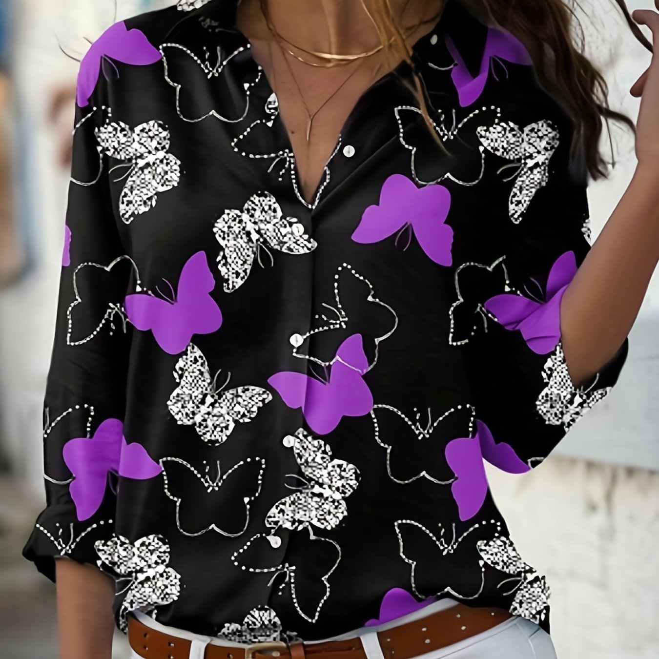 Butterfly Print Plus Size Button Up Blouse