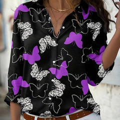 Butterfly Print Plus Size Button Up Blouse