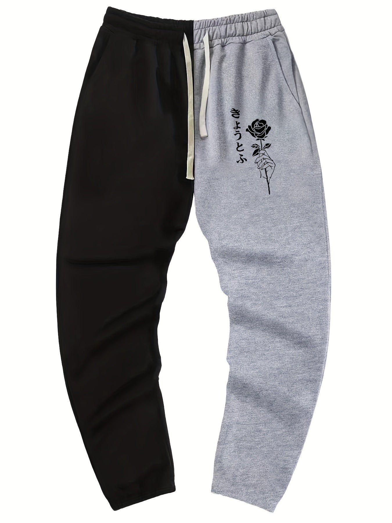 Rose Print Contrast Stitching Drawstring Sweatpants Straight Leg Loose Fit Pants