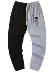 Rose Print Contrast Stitching Drawstring Sweatpants Straight Leg Loose Fit Pants