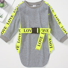 Girls' Side Taping Crew Neck Buckle Belt Dress For Party Going Out