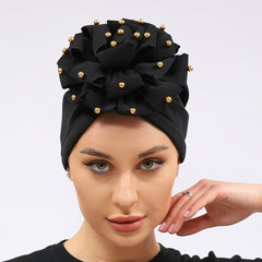 Golden Beads Flower Turban Head Scarf Elastic Beanie Cap