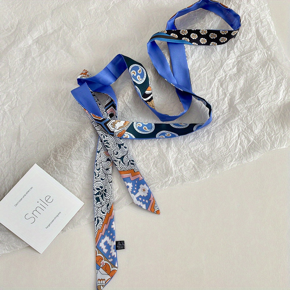Flower Print Double Sided Long Ribbon Neckerchief Satin Twilly Scarf