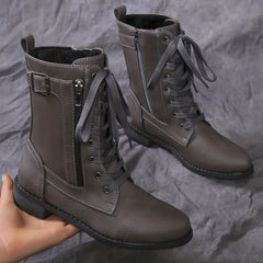 Women's Grey Lace Up Combat Boots Side Zipper Chunky Heel Boots