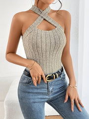Ribbed Knit Cut Out Halter Top Sleeveless Summer Women's Clothing