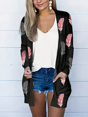 Feather Print Long Sleeve Open Front Cardigan With Pockets
