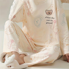 Bear Print Pajama Set Crew Neck Top & Pants Women's Sleepwear