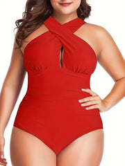 Sexy Plus Swimsuit Solid Cross Halter Ruched One Piece
