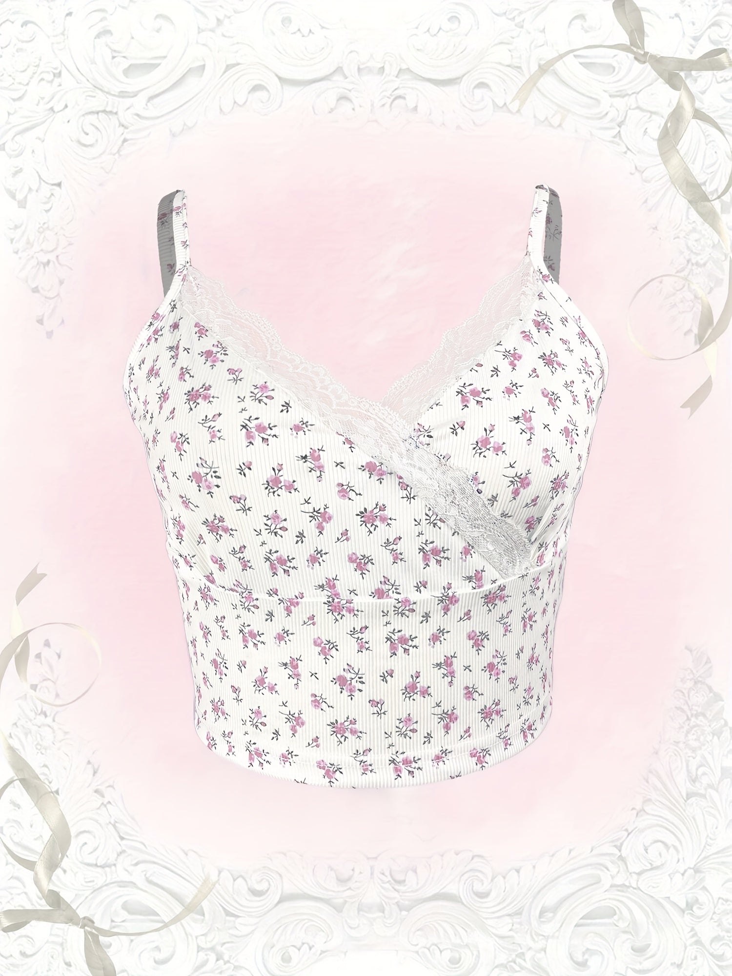 Floral Lace Trim Spaghetti Strap Crop Top V Neck Sleeveless Summer Casual
