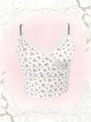 Floral Lace Trim Spaghetti Strap Crop Top V Neck Sleeveless Summer Casual