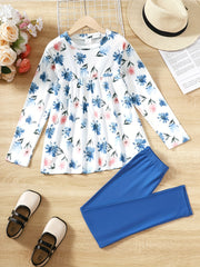 Floral Pattern Girl's 2pcs Peplum Top & Leggings Set