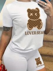 Cartoon Bear Print Casual Two piece Set Short Sleeve T shirt & Slim Shorts