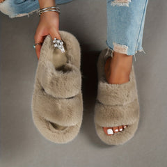 Women's Faux Fur Double Strap Slippers Warm Indoor Shoes