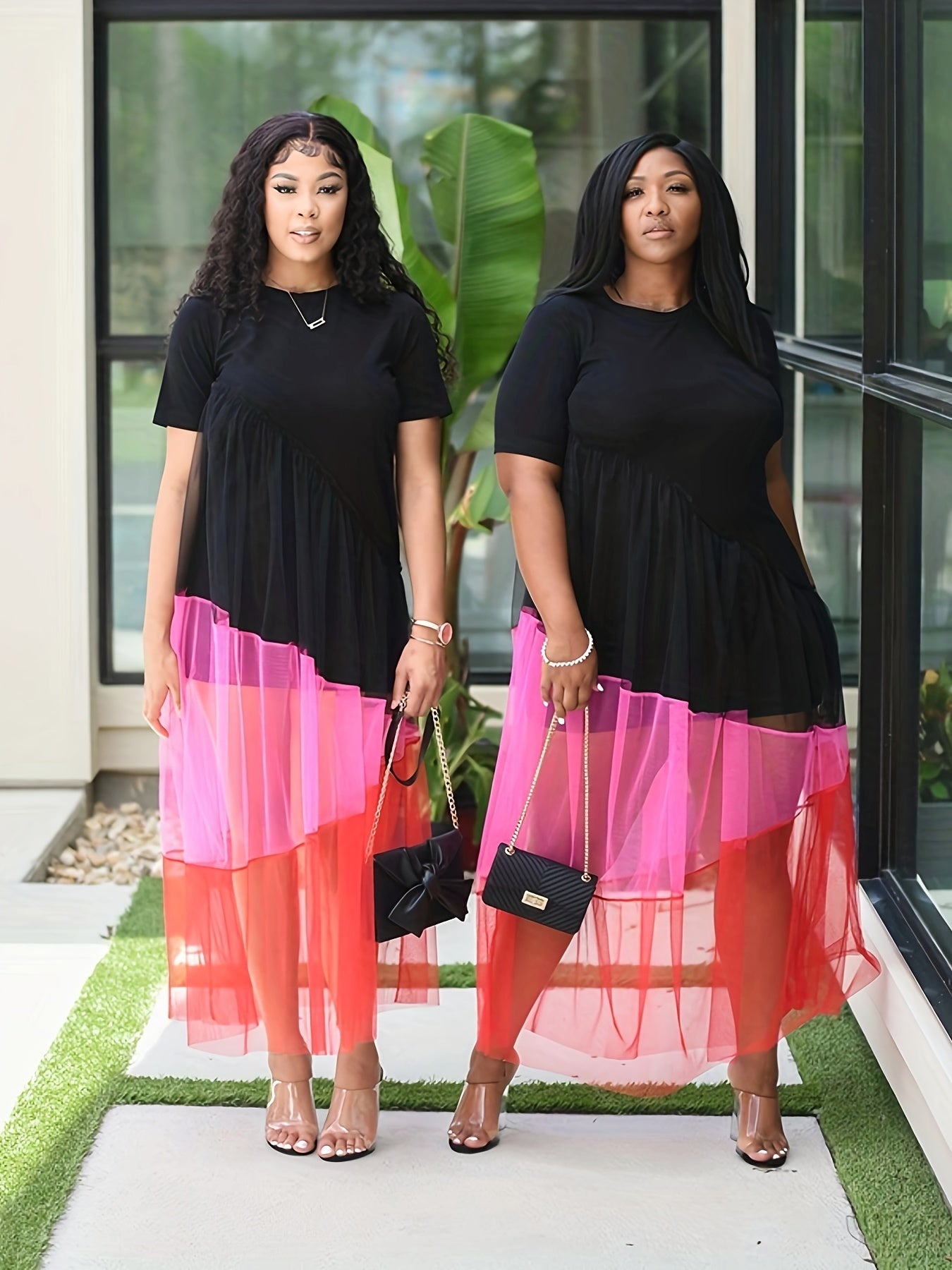 Contrast Mesh Short Sleeve Round Neck Layered Smock Maxi Dress