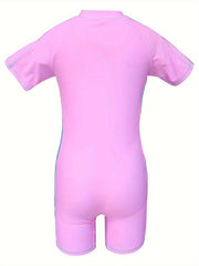 Girls Splicing Zip Short Sleeve 1 piece Swimwear With Swim Cap